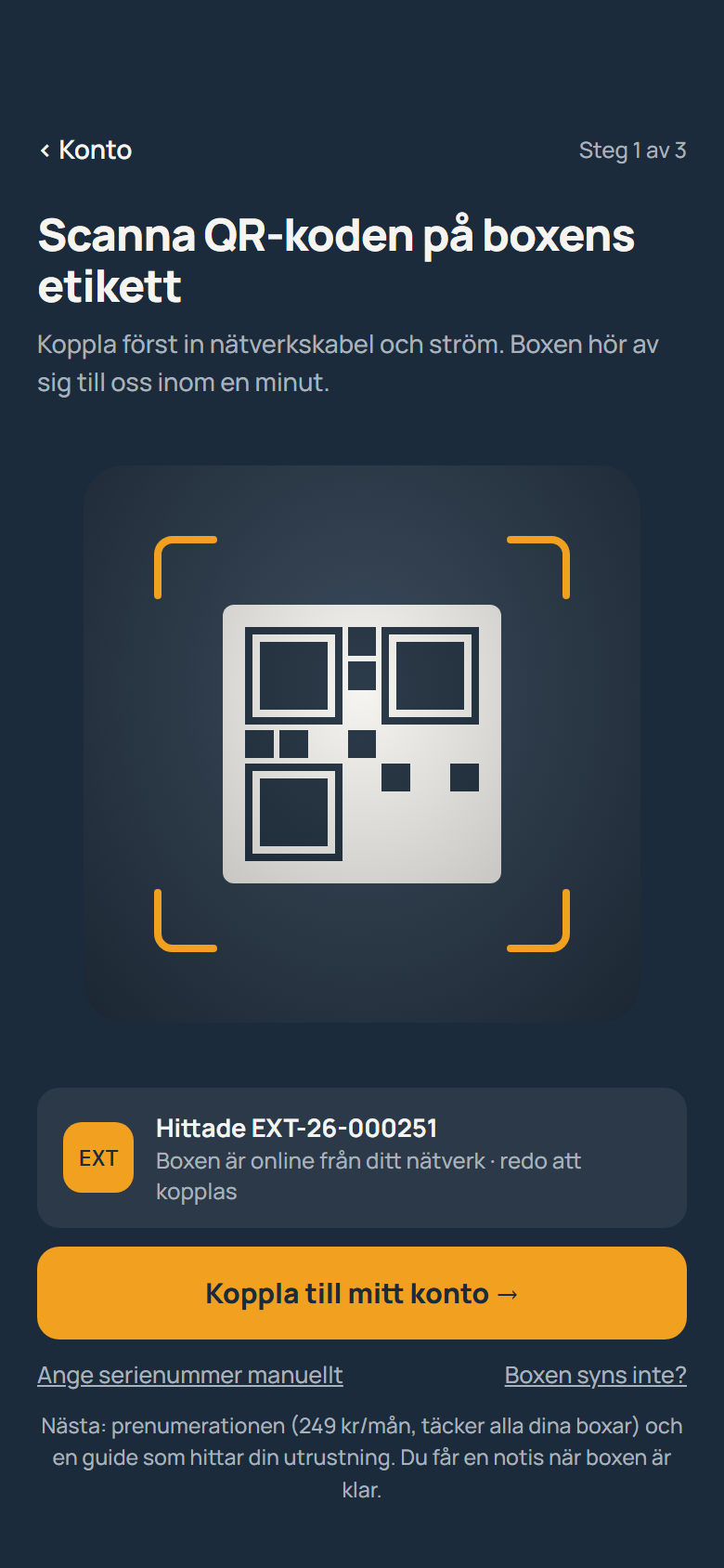 Aktivera-vyn med QR-scanning