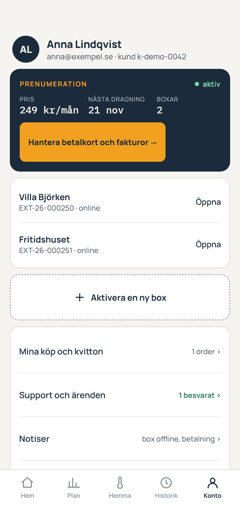 Konto-vyn med prenumeration, boxar och kvitton